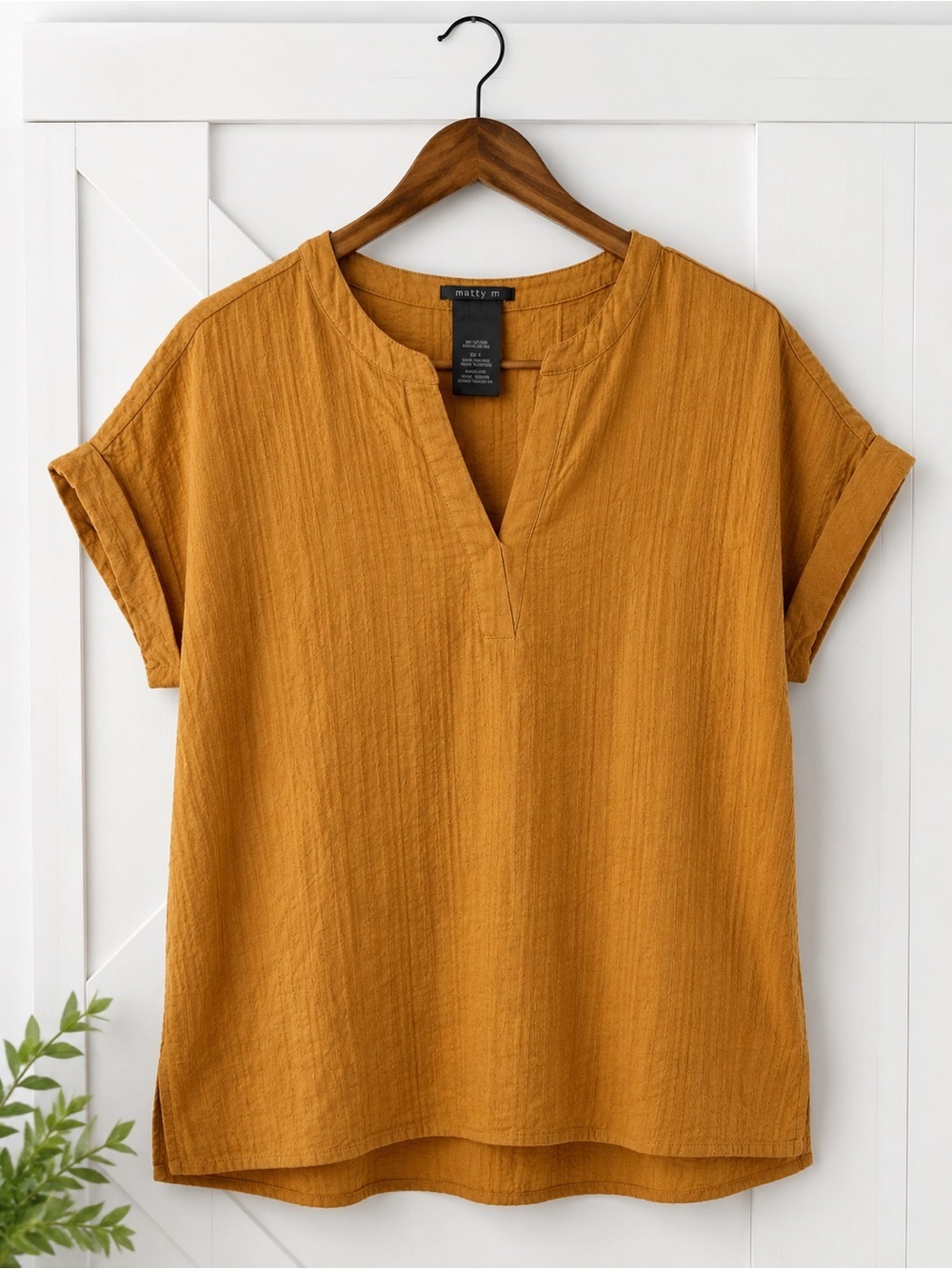 Matty M Mustard Yellow Textured Cotton Split Neck Blouse Size Small